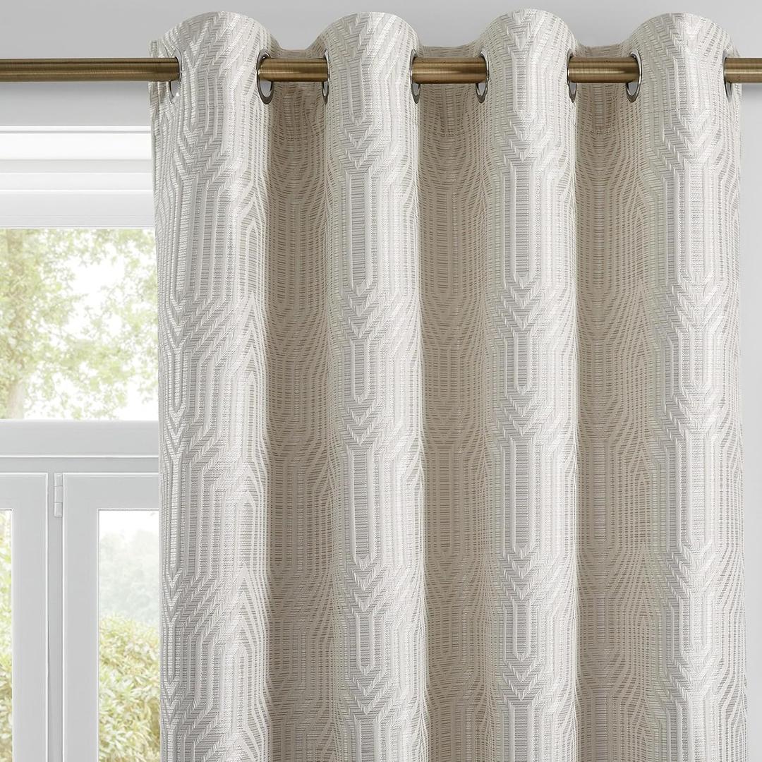 Beige and Silvery 100% Blackout Polyester Geometric Pattern Curtains, 52 Inch Wide 108 Inch Length 2 Panels, Thermal Insulated Noise Reducing Anti-Rust Grommet Drapes for Bedroom Living Room