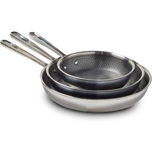T-fal HybridMesh Tri-Ply Stainless Steel 3 Piece Cookware Set, 8, 10.25, and 12 Inch, Induction Oven Safe 500F, Metal Utensil Safe, Platinum Non Stick, Pots and Pans Set, Dishwasher Safe, Silver/Black