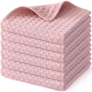 Homaxy Microfiber Waffle Weave Kitchen Dish Cloths, 12 x 12 Inch Ultra Absorbent and Solid Color Dish Towels for Kitchen Fast Drying Dishcloth for Washing Dishes, 6 Pack, Pink