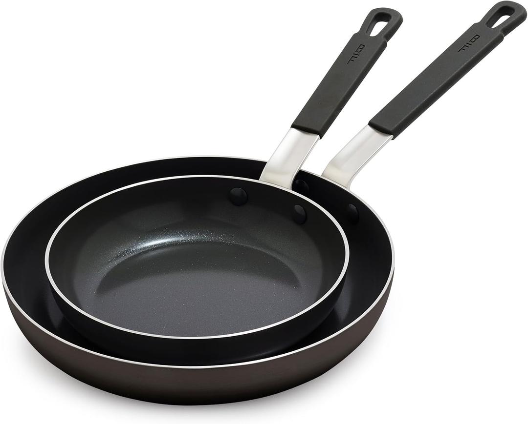 GreenPan x Bobby Flay 2 Piece- 8 and 10 Nonstick Frying Pan Skillet Set, PFAS-Free Diamond Ceramic, Induction Suitable, Stay-Cool Silicone Handle, Easy Clean Dishwasher & Oven Safe, Black