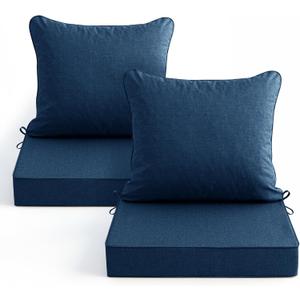 Summsun Outdoor Chair Cushions, Faux Linen Backrest and Deep Seat Cushion Set for Patio Furniture with Weather Resistant Removable Cover, Ties, Non-Slip Bottom, 24 x 24 Inch, Navy, Set of 2, 2P/24*24 + 24*22 Inch