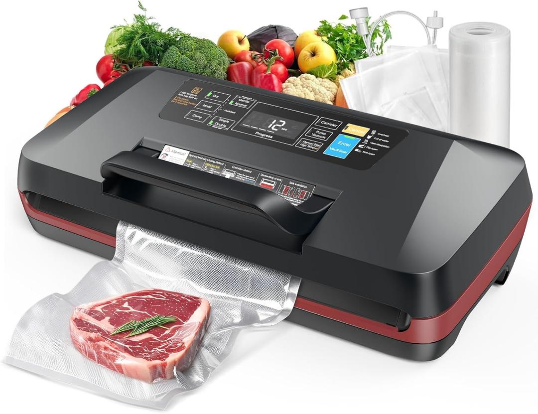 95KPa Vacuum Sealer Machine for Food, Automatic with Dual 12mm Heat Seal, 10-in-1 Modes, Built-in Cutter & Bag Storage, Includes 1 Roll and 10 Pre-Cut Bags (Red)