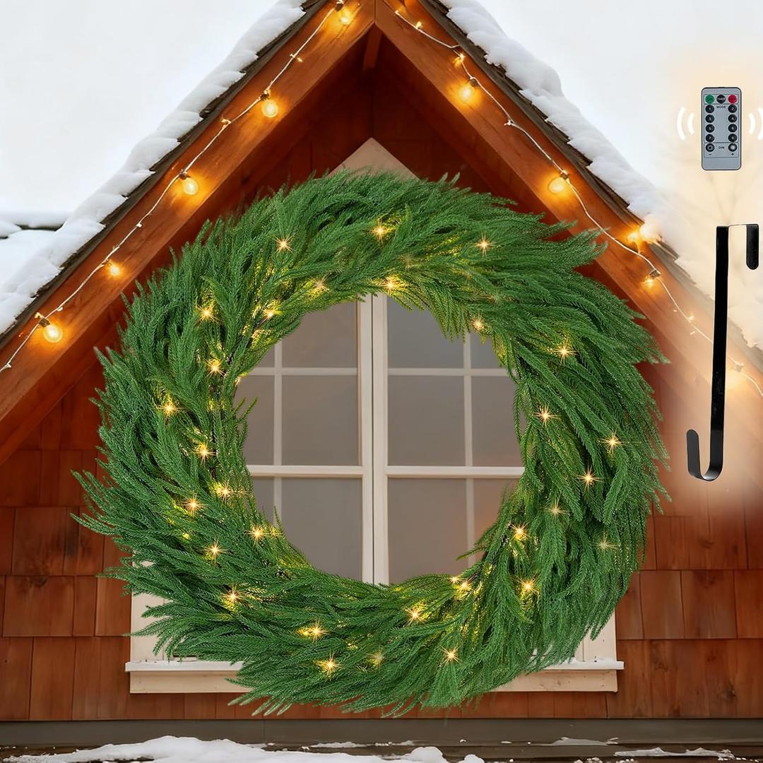 NUPTIO Large Christmas Wreath with Lights: 36 Inch Prelit Real Touch Norfolk Pine Wreaths with Hook for Outdoor Front Door - Realistic Xmas Decorations 100 LED 8-Mode with Remote Timer for Holiday