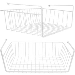 Tebery 2 Pack White Under Shelf Wire Basket Hanging Storage Baskets, Under Cabinet Add-on Storage Racks Slide-in Baskets Organizer for Kitchen Pantry Desk Bookshelf