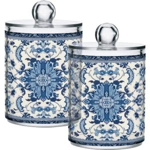 2 Pack Qtip Holder Dispenser Blue Floral Vintage 10 Oz Bathroom Organizer with Lids Storage Canister