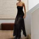 Women's Sexy Strapless Mesh Maxi Dress Tube Top Midi Dresses Wedding Guest Party Cocktail (Black, L)