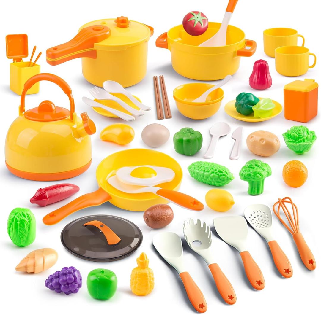 56Pcs Mini Play Kitchen Accessories for Kids, Pretend Cooking Playset with Cookware, Tableware & 2 Fruit Sets, Learning Gift for Girls, Boys, Toddlers, Yellow