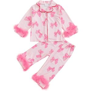 Toddler Baby Girl Satin Pajamas Set Fuzzy Trim Button Down Sleep Shirt Top Pants Bottoms Sleepwear Loungewear Set (5-6 Years)