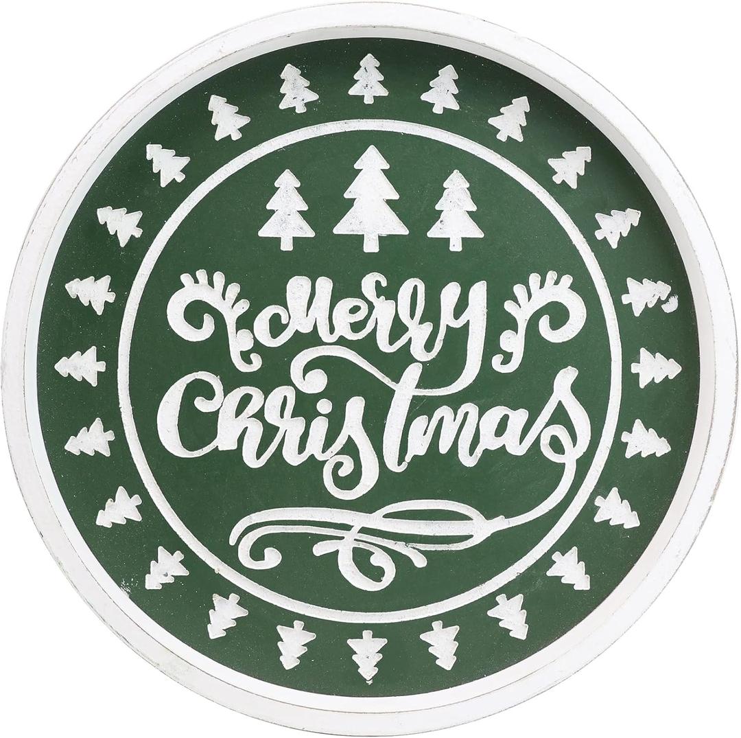 Christmas Wood Decorative Ottoman Tray for Coffee Table Kitchen Counter, Living Room, Round Handcrafted Green Wooden Serving Tray for Table Centerpiece (12")