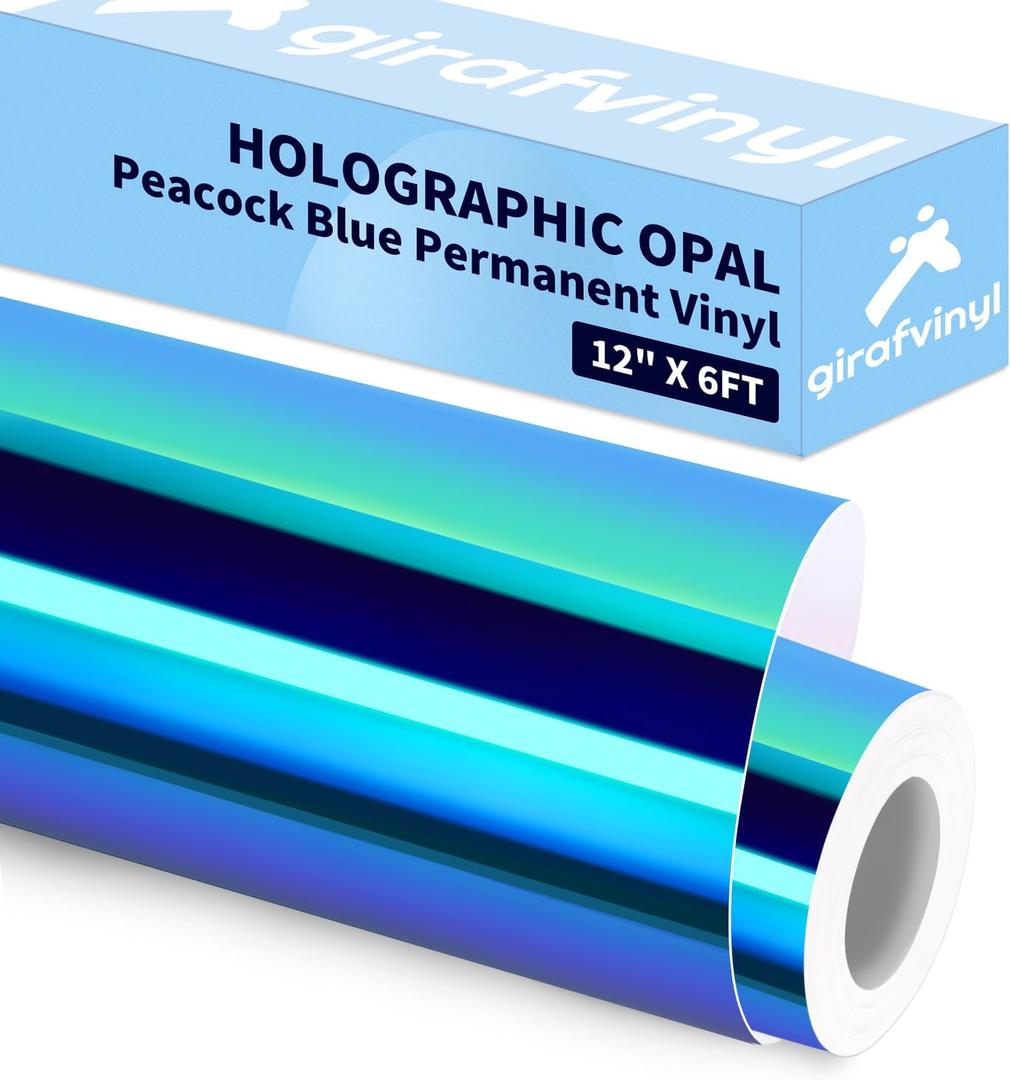 Peacock Blue Holographic Permanent Adhesive Vinyl - 12 Inch X 6 FT Easy to Weed Peacock Blue Opal Vinyl for Home Decorations, DIY Christmas Decor'