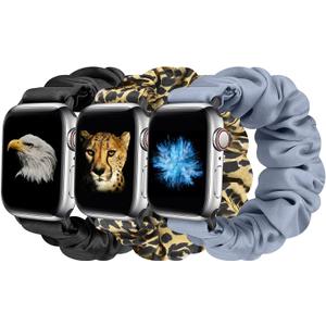 Tiptops 3 Packs Compatible with Apple Watch Bands Scrunchies 38mm-49mm Women Cloth Pattern Printed Fabric Wristbands Straps Elastic for iWatch Ultra 2 Series 10/9/8/7/6/5/4/3/2/1/SE (Black+Leopard+Gray)