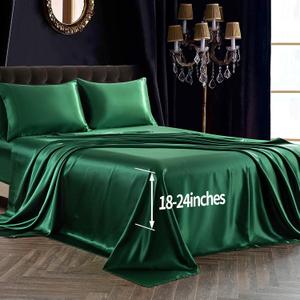 SiinvdaBZX 4Pcs Satin Sheet Extra Deep Pocket Sheets Queen Size, Ultra Silky Soft Emerald Green Satin Queen Bed Sheets Deep Fitted Sheet Set Fits 18-24 Inch Deep Pocket Mattress