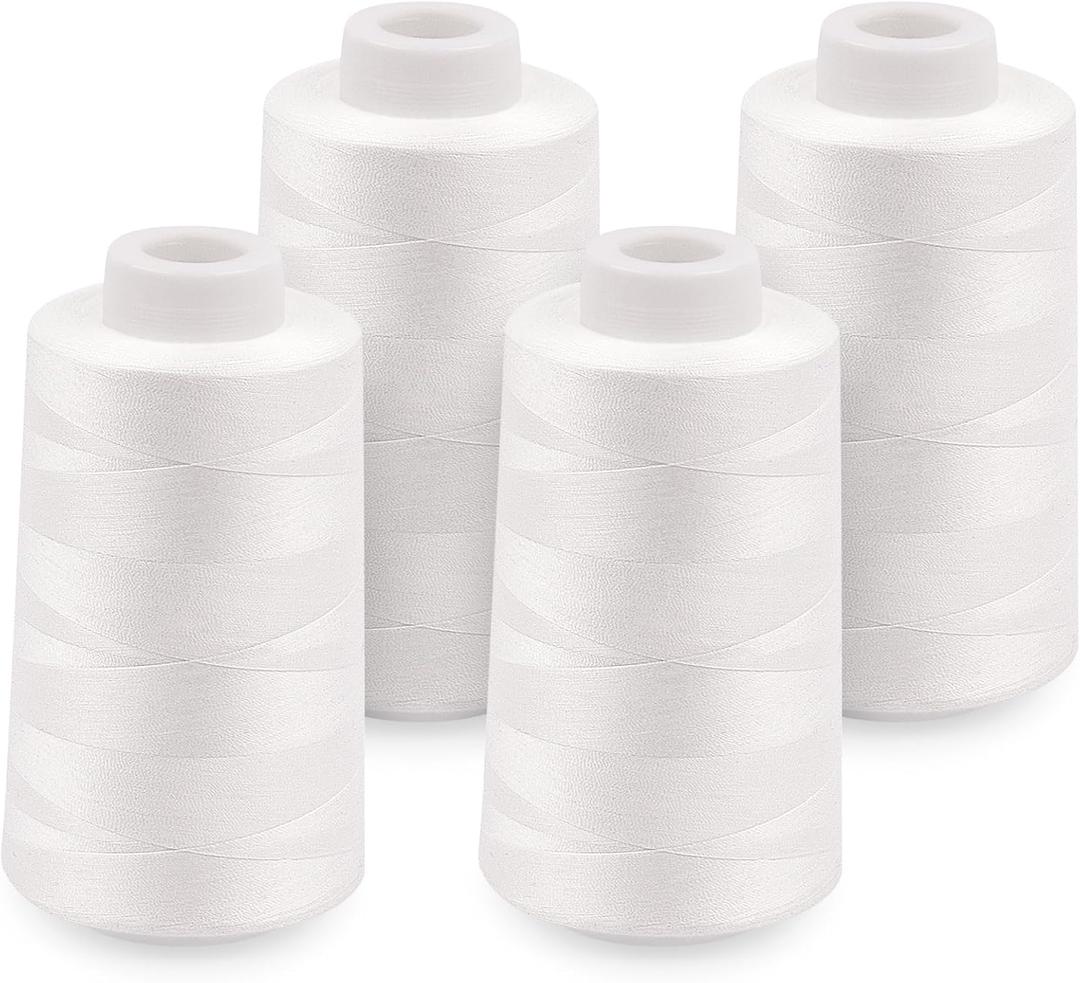 4 Pack White Sewing Thread, Serger Thread Cones of 3000 Yards Each, All Purpose Polyester Sewing Serger, Quilting, Piecing, Overlock Machine