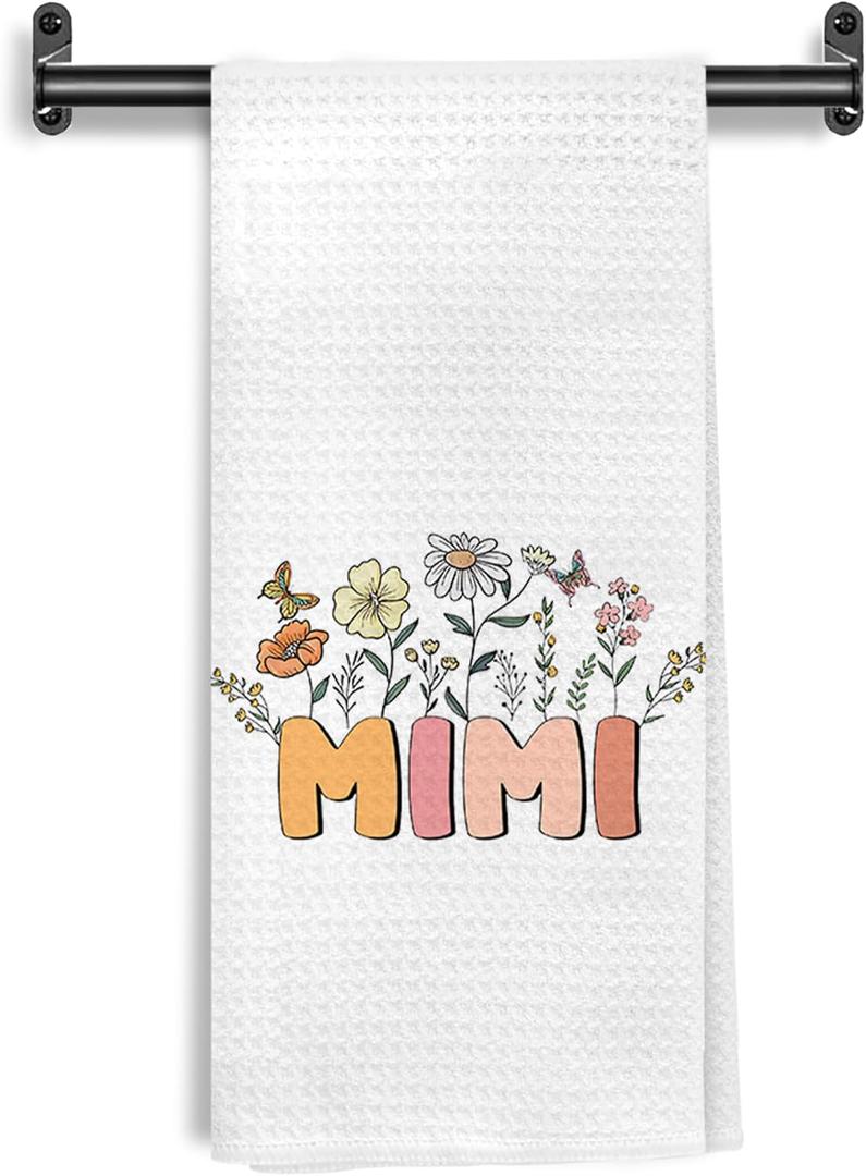 3 x Mimi Floral Kitchen Towels, Gifts for Mimi Grandma Mother's Day Hand Towels for Bathroom Kitchen Decorative, Best Grandma Gifts from Grandkids Dish Tea Towels Drying Cloth, 16x24 Inch
