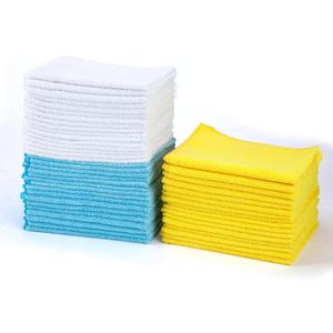 Amazon Basics Microfiber Cleaning Cloths, Highly Absorbent, Scratch-Free, Ultra-Soft, Non-Abrasive, Reusable and Washable, 16" x 12", Blue/White/Yellow, 48-Pack