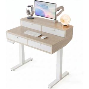 HUANUO 32 x 20 inch Electric Standing Desk with 4 Drawers, Adjustable Height Sit Stand Home Office Desk, C-Clamp Mount Compatible, Ergonomic Stand up Desk with 4 Preset Heights, Natural