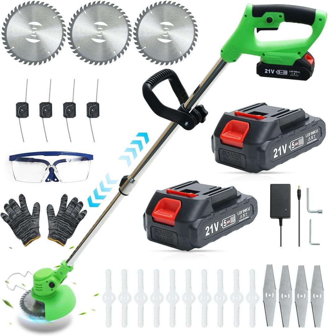 Cordless Weed Wacker,Lightweight and Telescopic Design,Triple Safety Protection,Electric Weed Eater,2 Efficient Batteries, Grass Trimmer Cordless for Lawn, Yard, Garden,Green