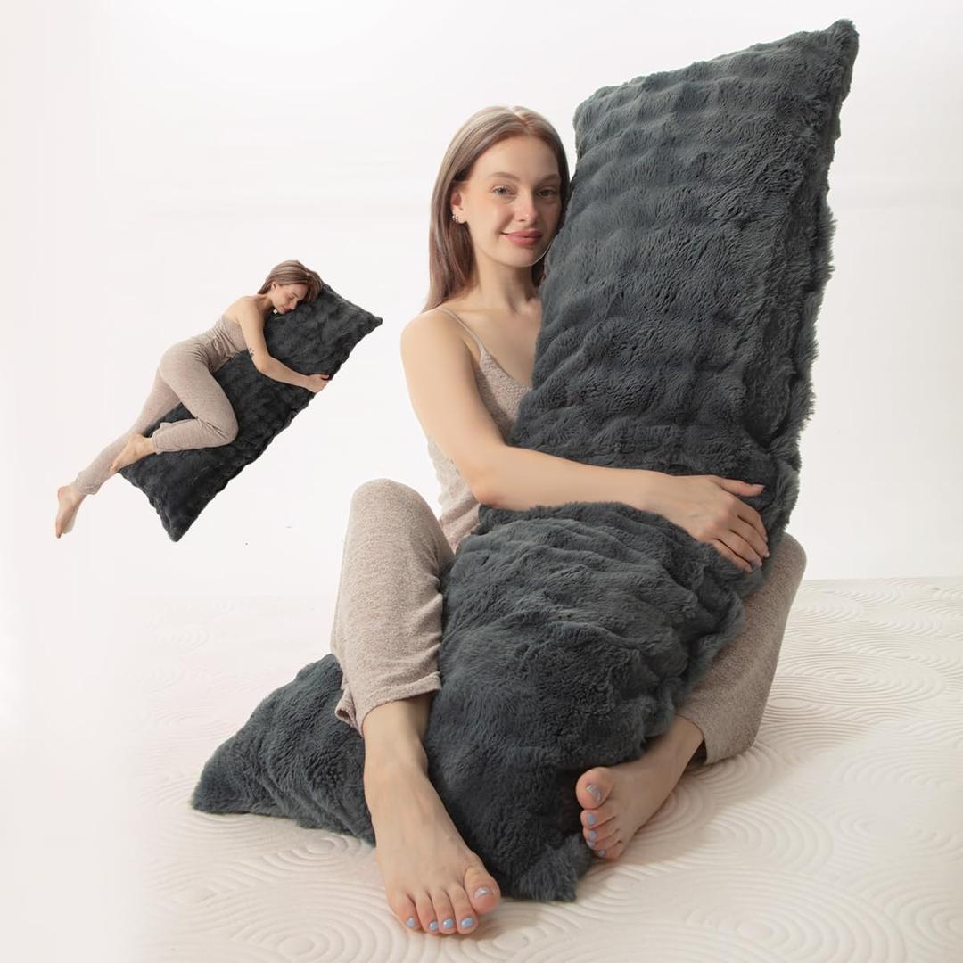 TEXSTEAD Luxury Faux Fur Body Pillow Cover, Ultra Soft Fluffy Long Pillowcase, Fuzzy Plush Bed Pillow Case for Bedroom & Sofa 20 x 54 Inches Zipper Closure 1 Pack (Gray)