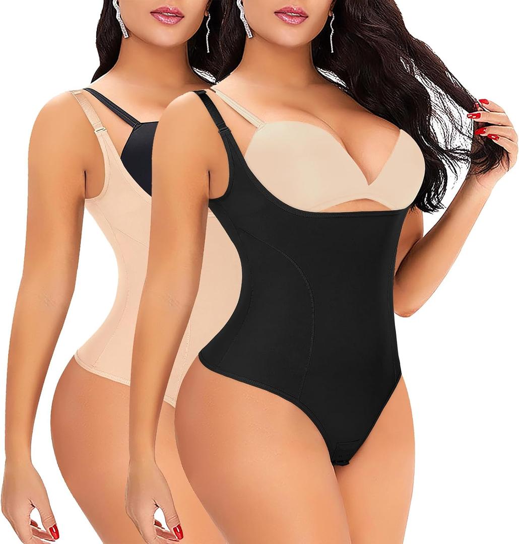 Thong Shapewear Bodysuit for Women Tummy Control Open Bust Body Shaper Slimmer Shaping Thong (Small, #1 Black+beige(mix Pack))