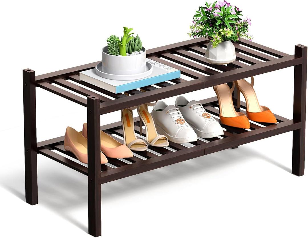 RONGJlA 2 Tier Bamboo Shoe Rack for Closet Free Standing Wood Shoe Shelf Storage Organizer for Entryway Small Space Stackable, Natura Brown