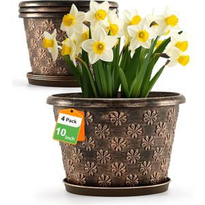 10 Inch Planter Pots for Plants, 4 Pack Plastic Large Flower Pots Indoor Outdoor, Resin Plant Pot with Drainage & Saucer, Retro Decorative Garden Pot with Removable Trays for House