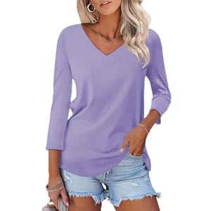 Poetsky Women's V Neck 3/4 Sleeve T Shirt Casual Loose Basic Tops Summer Tee Blouses (L)