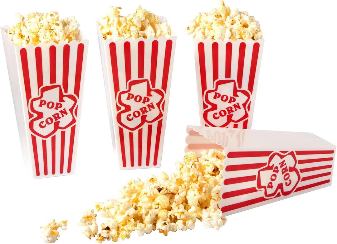 RAYMEA Plastic Popcorn Containers Red & White Striped Retro Style Reusable Popcorn Boxes for Movie Night 4x8 (4 Pack)