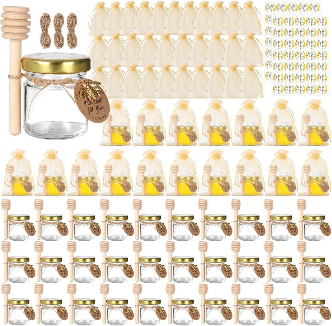 BIGIVACA 1.5 oz Round Mini Glass Honey Jars with Wood Dippers,48 Pack Small Honey Jars with Gold Lids,Bee Pendants,Jutes,Bee Stickers,Perfect for Baby Shower,Wedding Favors,Party Favors (1.5 oz round-48 pack)