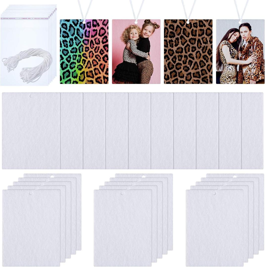 150 Pieces Sublimation Air Freshener Blanks Car Hanging Felt Air Freshener Sheets Rectangle Fragrant Sheets with Elastic Rope and 200 Pieces Bags for Car Interior Decoration