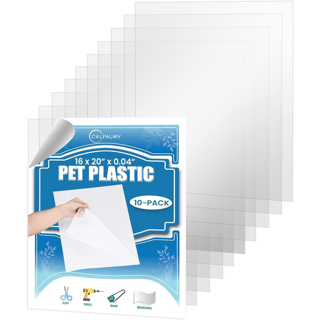 CALPALMY 10-Pack 16x20 Clear PET Plastic Sheets, 0.04" Thick Flexible Transparent Panels, Shatter-Resistant Plexiglass Alternative for Picture Frames, Signs, Displays, Crafts & DIY Projects