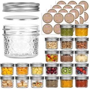 4 oz Glass Jars with Lids, 20 Pack Small Mason Jars with Airtight Silver Lids, Vintage Label Stickers, Mini Canning Jars in Diamond Texture for Spices, Jams, Honey, DIY Crafts, Wedding Favors