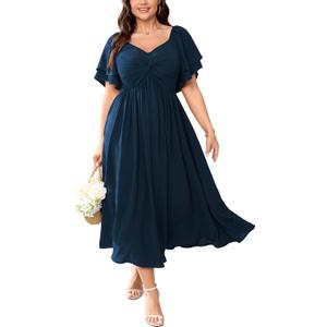 SCOMCHIC Women's Plus Size Wedding Guest Cocktail Dresses Sweetheart Neckline Ruffle Sleeve A Line Maxi Dress (Blue, XXL)