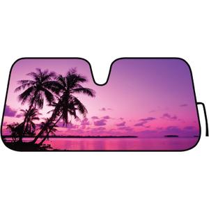 BDK Purple Sunset Beach Front Windshield Sunshade Accordion Folding Style Auto Shade for Car Truck SUV Van Blocks UV Rays Sun Visor Protector Easy Setup Keeps Your Vehicle Cool - 58 x 27 inches