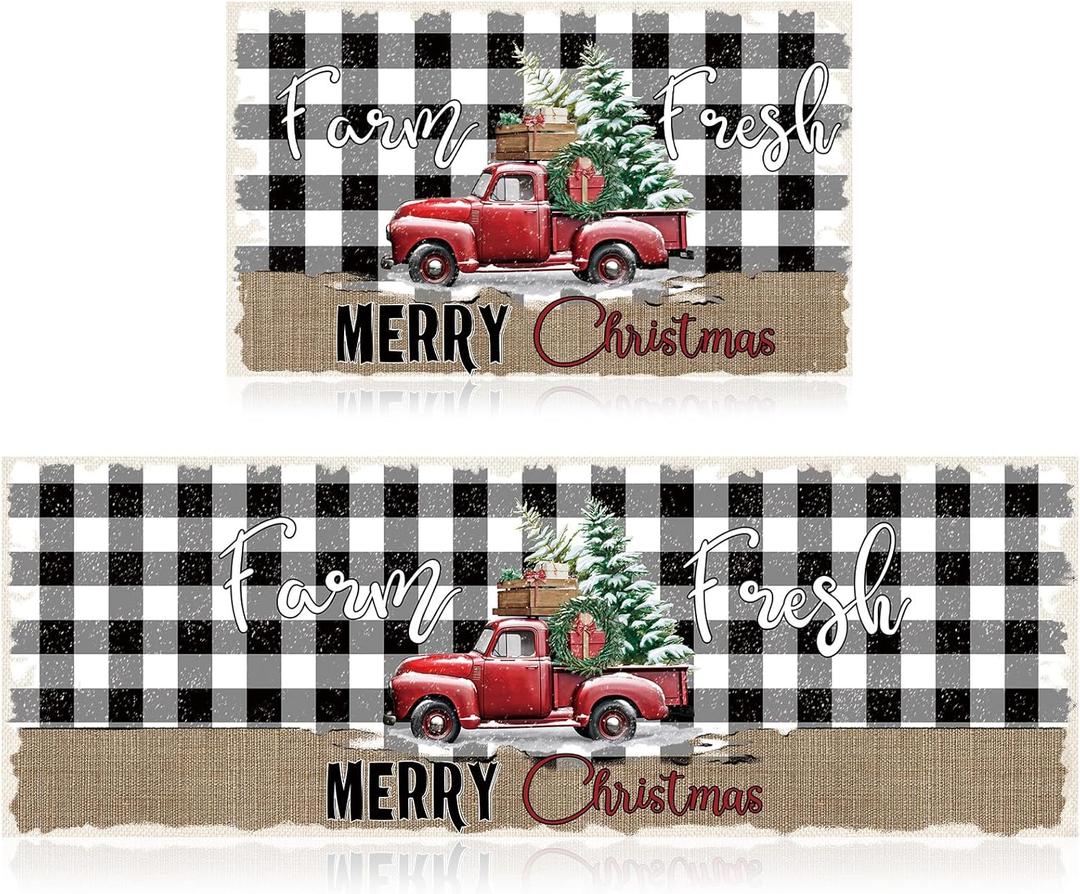 Tinideya Christmas Rug Plaid Christmas Kitchen Rug Set of 2 Farmhouse Xmas Tree Truck Buffalo Check Mat for Kitchen Bath Room Decoration, 17 x 47 in, 17 x 28 in