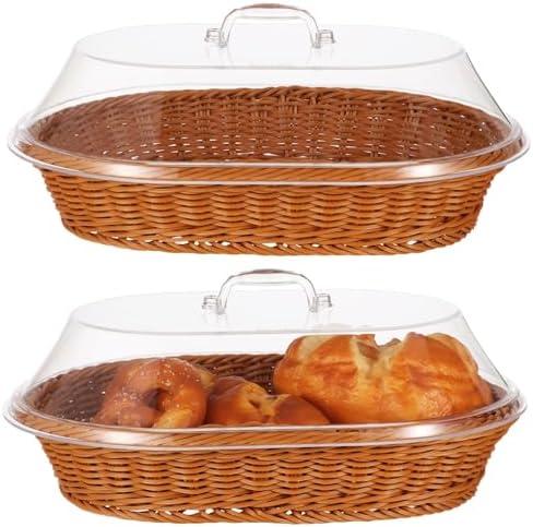 2 PCS Bread Fruit Baskets with Lid - 14 x 10 Inch Wicker Bread Basket with Acrylic Lid, Woven Bread Basket Fruit Tray with Clear Cover, Rattan Food Serving Tray for Home Picnics Bakery Storage