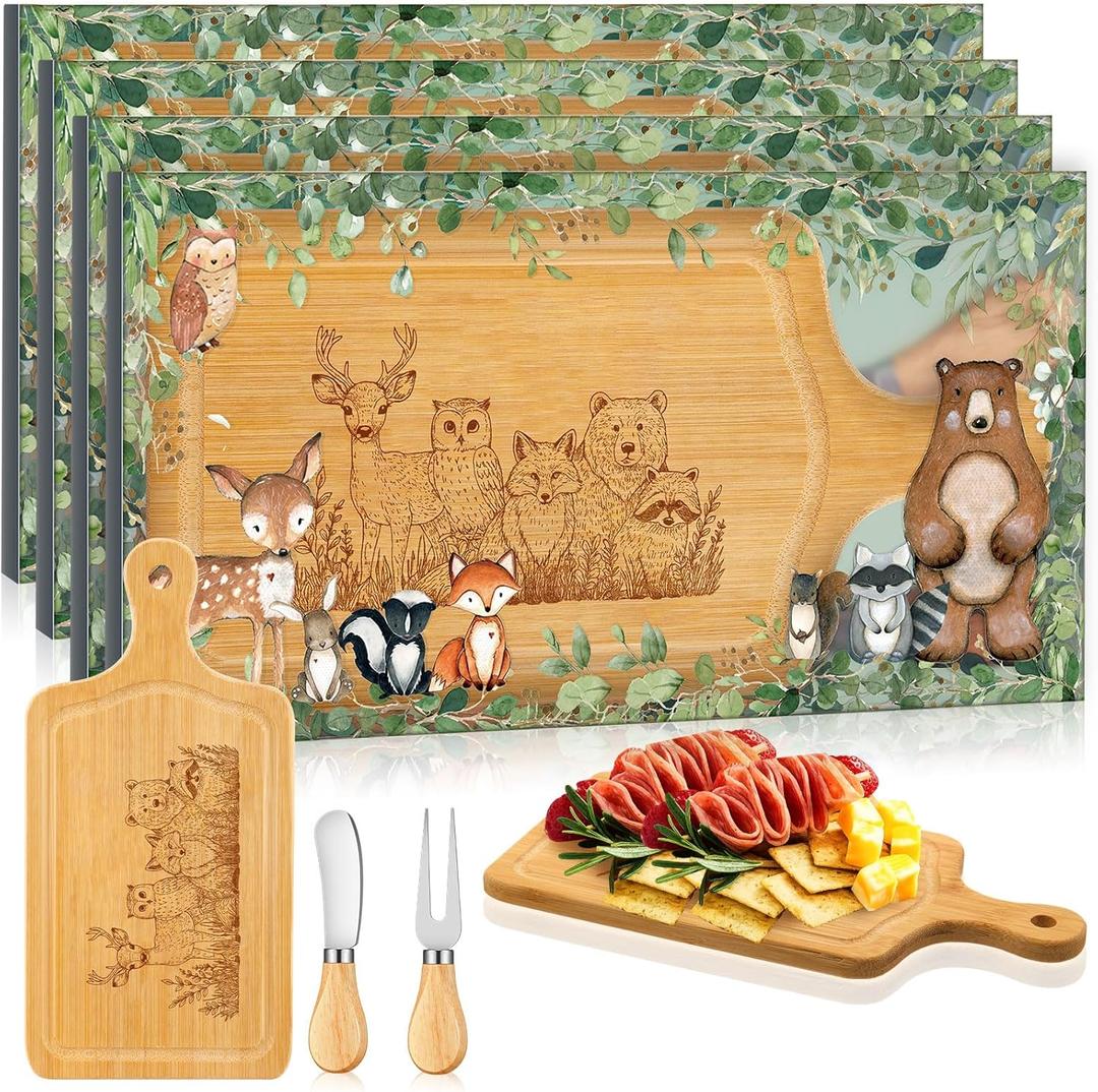 4 Pack Woodland Mini Charcuterie Board Set with Cheese Knives - Forest Animal Bamboo Serving Boards for Baby Shower Favors, Game Prizes, Woodland Party Decorations, Wedding & Housewarming Gifts