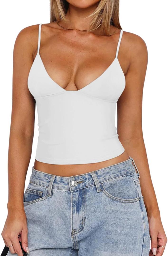 REORIA Butsmooth Womens Sexy V-Neck Sleeveless Double Lined Going Out Y2K Trendy Cami Shirt Cropped Tank Tops (Small, White)