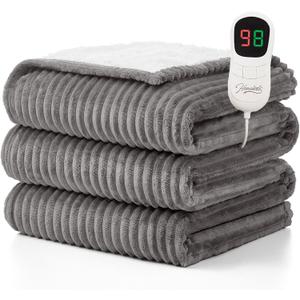 Homemate Heated Blanket Electric Throw - 50"x60" Heating Blanket Throw 1/2/4/6/8 Hours Auto-Off 10 Heat Levels Over-Heat Protection Soft Flannel Sherpa Heater ETL Certification (01 - Light Grey (Striped))