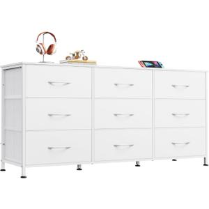 WLIVE 47''W Dresser for Bedroom, White Dresser TV Stand for 45, 50, 55 inch TV, Wide Chest of Drawers with 9 Drawer, Large Entertainment Center, Fabric Dressers with Wood Top for Closet, Living Room, Regular Size