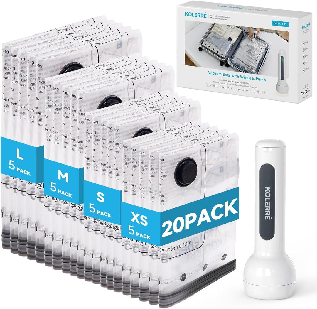 20 Pack Travel Vacuum Bags with Upgraded Rechargeable Pump, 4 Sizes Space Saver Vacuum Storage Bags for Luggage and Suitcase, Compression Bags for Packing, Vacuum Seal Bags for Clothing Travel
