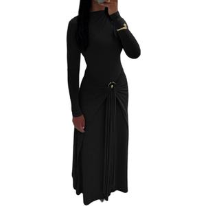 Geulis Long Sleeve Spring Fall Maxi Dress 2026 Elegant Bodycon Wrap Long Dress Cocktail Party Wedding Guest Dresses (Black, S)