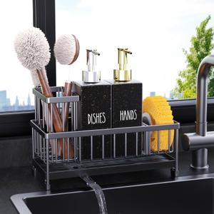 Cisily Kitchen Soap Dispenser Set with Sink Caddy, 12 Oz Glass Bottle, Hand and Dish Soap Dispenser Set with Sponge Holder, Black Stainless Steel Kitchen Countertop Sink Organizer Accessories