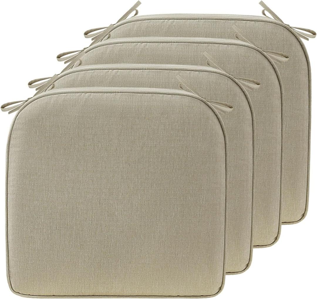 17 x 16 Inch Outdoor Chair Cushions with Tie Straps, Set of 4 Thick Water Repellent Round Patio Chair Pads for Garden Lawn Patio Furniture, Linenweave Tan