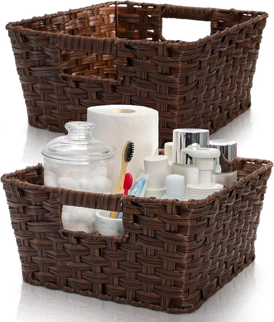 2 Pack Woven Storage Baskets, Large Poly Wicker Organizer Bins for Shelves, Plastic Waterproof Organizing Cube Container, Storage Boxes with Handle for Closet Pantry,12" x 12" x 6"