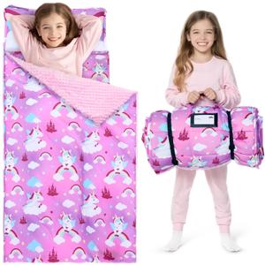JOIEDOMI Toddler Sleeping Bag for Kids 55''x30'' Nap Mat with Removable Pillow and Minky Blanket for Toddler Ages 3-7 Roll Up Soft Kids Sleeping Bag for Boys Girls Kindergarten Daycare Sleepover (Purple Unicorn)