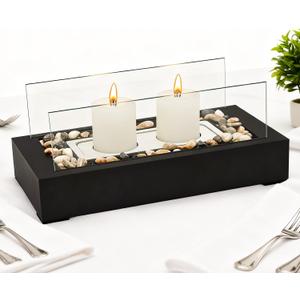 Rectangle Tabletop Hurricane Candleholder with Decorative Stones - Suitable for Dia 2.5" and Below Pillar Candles and Scented Candles, Gift for Dinner Table Centerpiece & Housewareming