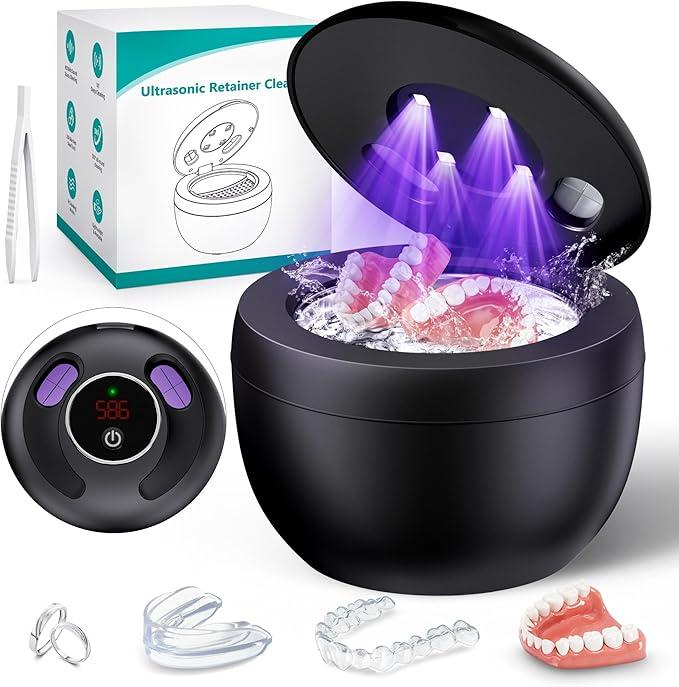 Upgraded Ultrasonic Retainer Cleaner Machine, 45kHz Ultrasonic Dentures Cleaner for Night Guards, Braces, Aligner, Toothbrush, Jewelry and More, 200ML Capacity, Black1