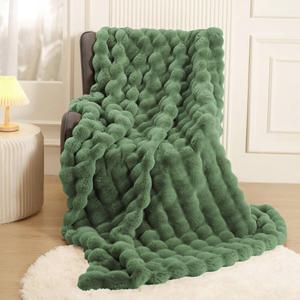 Faux Rabbit Fur Bubble Green Throw Blanket Heavy Warm Thick Furry Fuzzy Bed Blanket Sage Green Fluffy Long Shaggy Plush Blanket for Couch Bed Sofa Chair Living Room, 90 x 90 Inches
