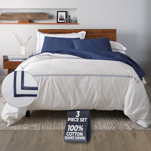 Ella Jayne Duvet Cover Queen Size (3 Pieces), 100% Cotton Percale, Full/Queen, Soft, Breathable & Lightweight, Including Duvet Cover (1 Piece) 90 x 90 Inches with 2 Pillow Shams (Navy Design), White