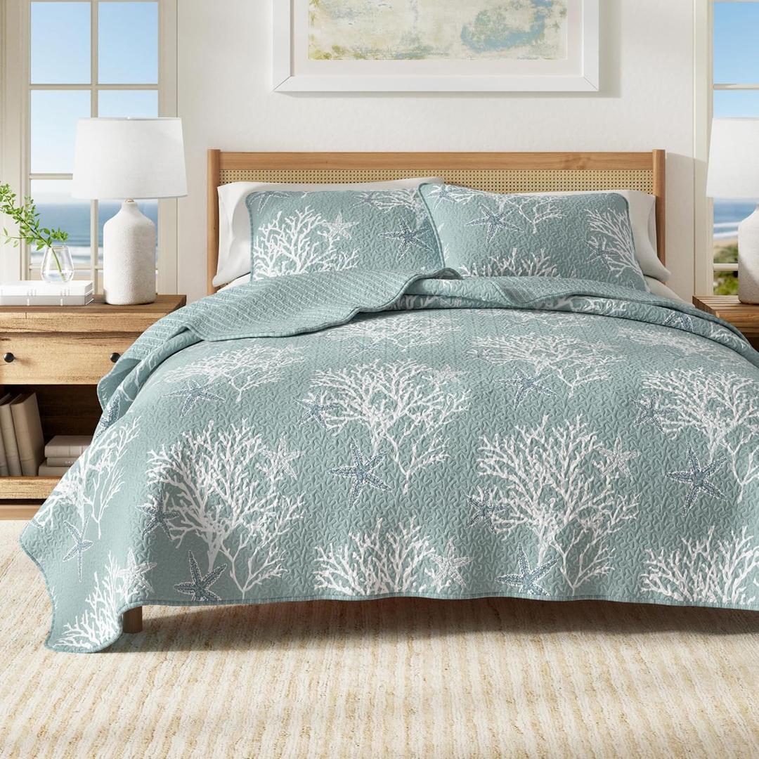 Great Bay Home Coastal Quilt Set - 3-Piece King/California King Size Nautical Bedding Set - Lightweight, All-Season, Reversible Bedspread (Ether Blue)